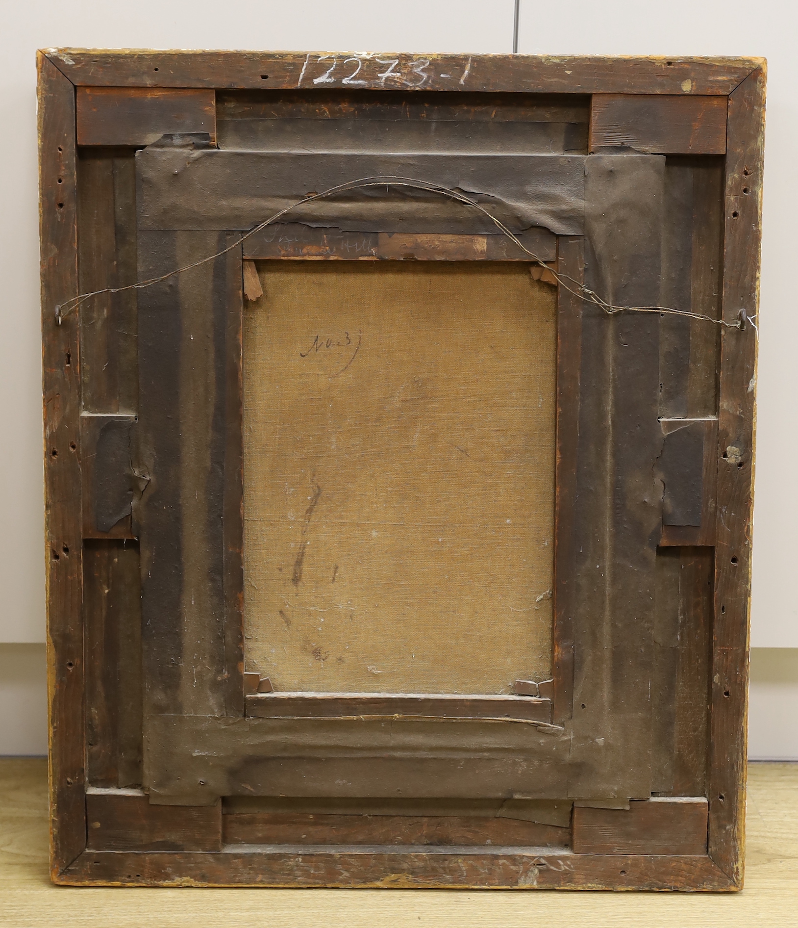 19th century School, oil on canvas, Three quarter length portrait of a seated lady, 42 x 32cm in ornate gilt frame